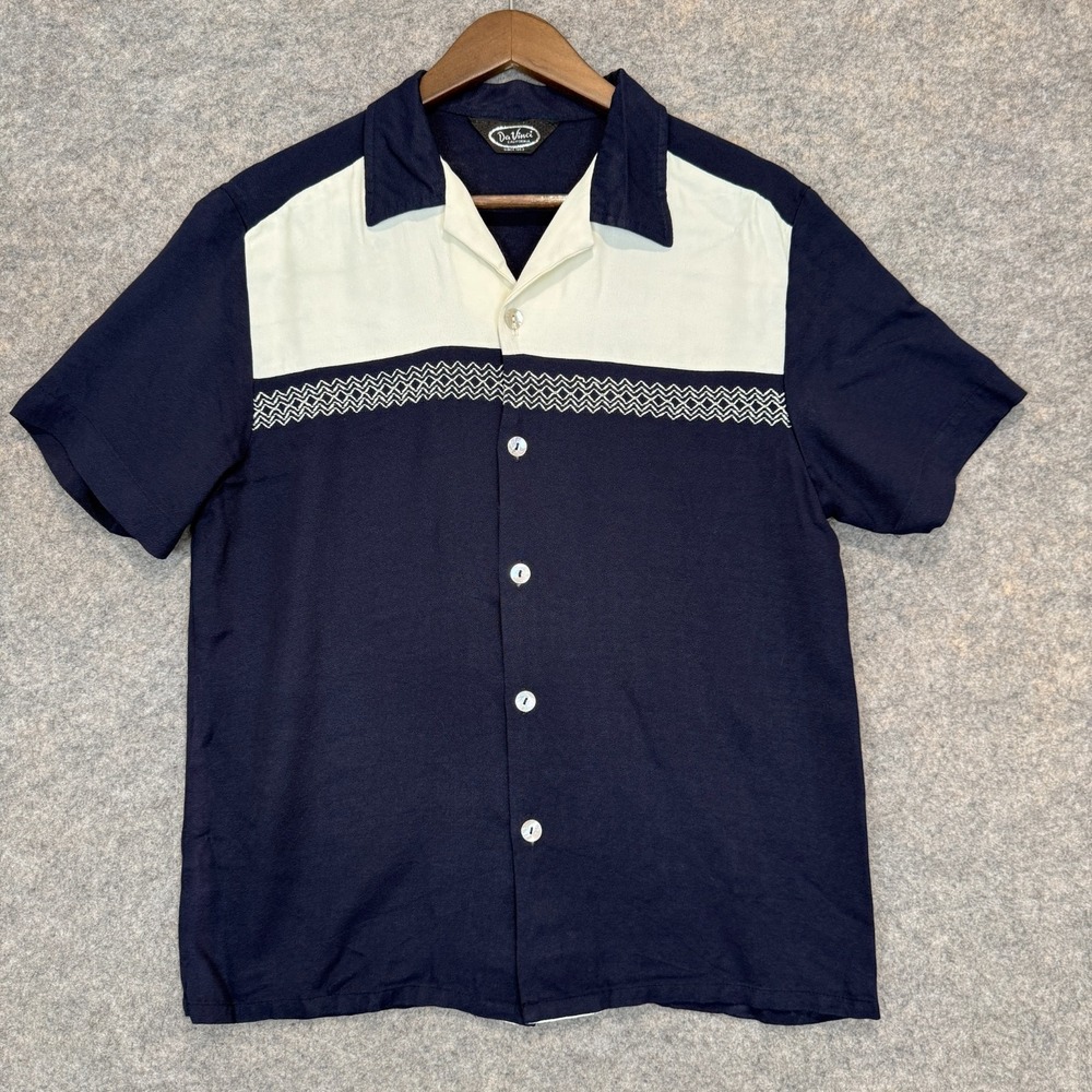 Vintage Da Vinci of California Button Shirt Mens Medium Navy Cream Bowling Retro